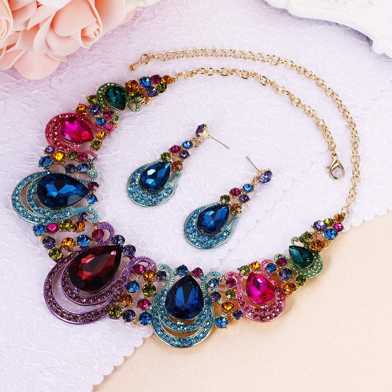 BriLove Costume Fashion Jewelry Set for Women Crystal Teardrop Hollow Scroll Statement Necklace Dangle Earrings Multicolor Colorful Gold-Toned - Image 3